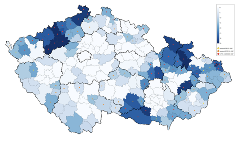 Obvody ORP podle délky zařazení mezi prioritní regiony v letech 1992–2027